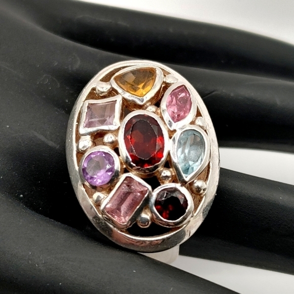 Multi Gemstone Aquamarine Amethyst Garnet Citrine Ruby Sterling Silver Ring 6.75 - Picture 7 of 7